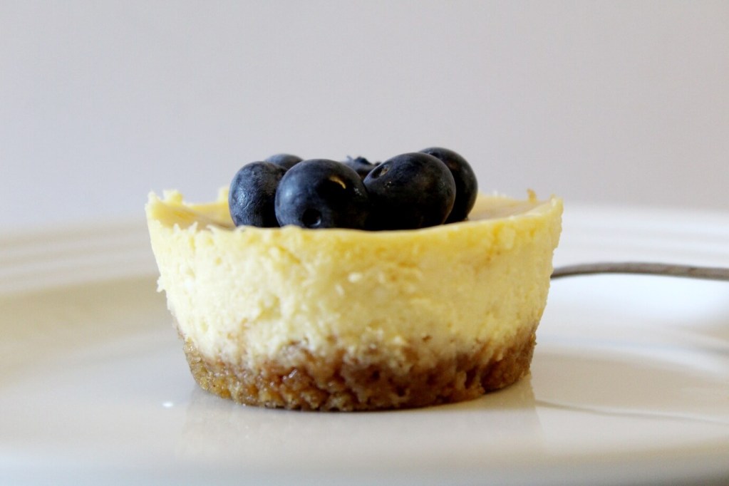 mini cheesecake topped with blueberries on a white plate