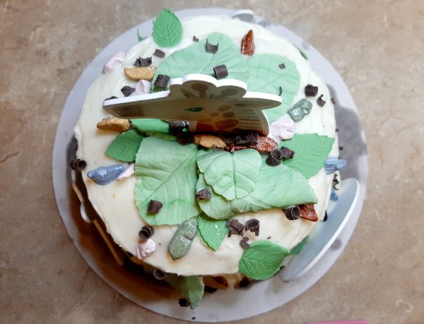 top view of bakery style safari themed baby shower cake