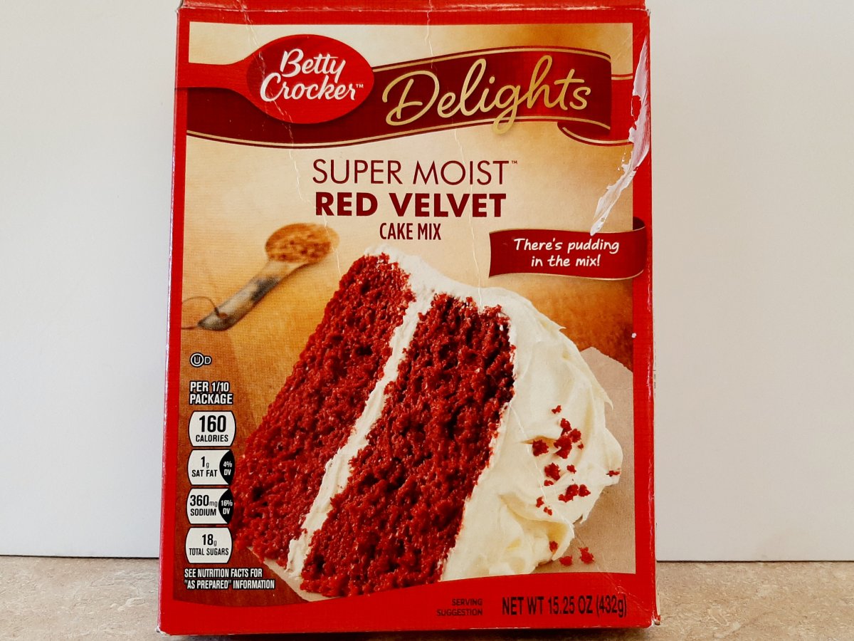 Box of red velvet cake mix on a counter
